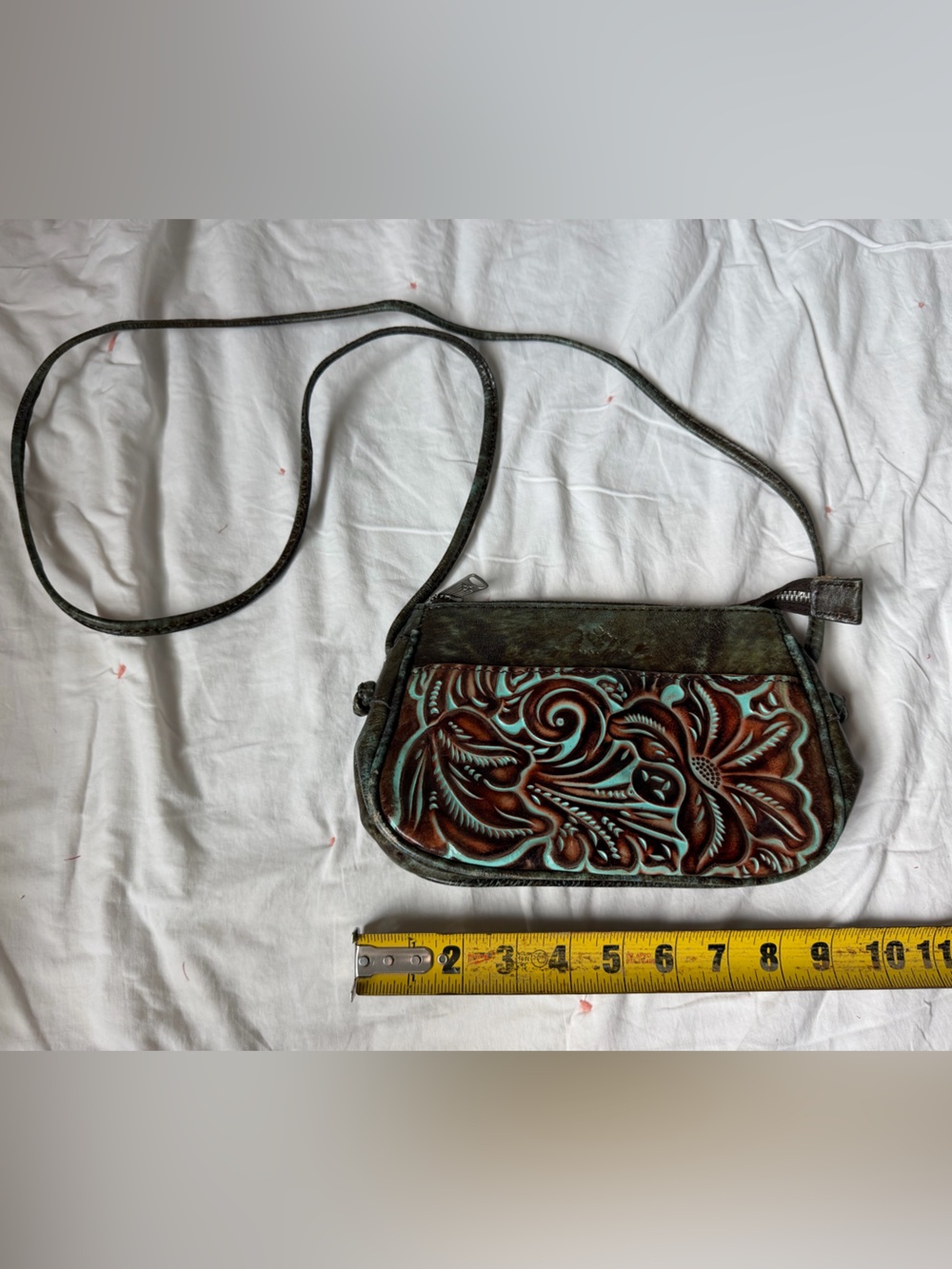 Patricia Nash Teal Brown Tooled Leather Crossbody Bag - Picture 2 of 7